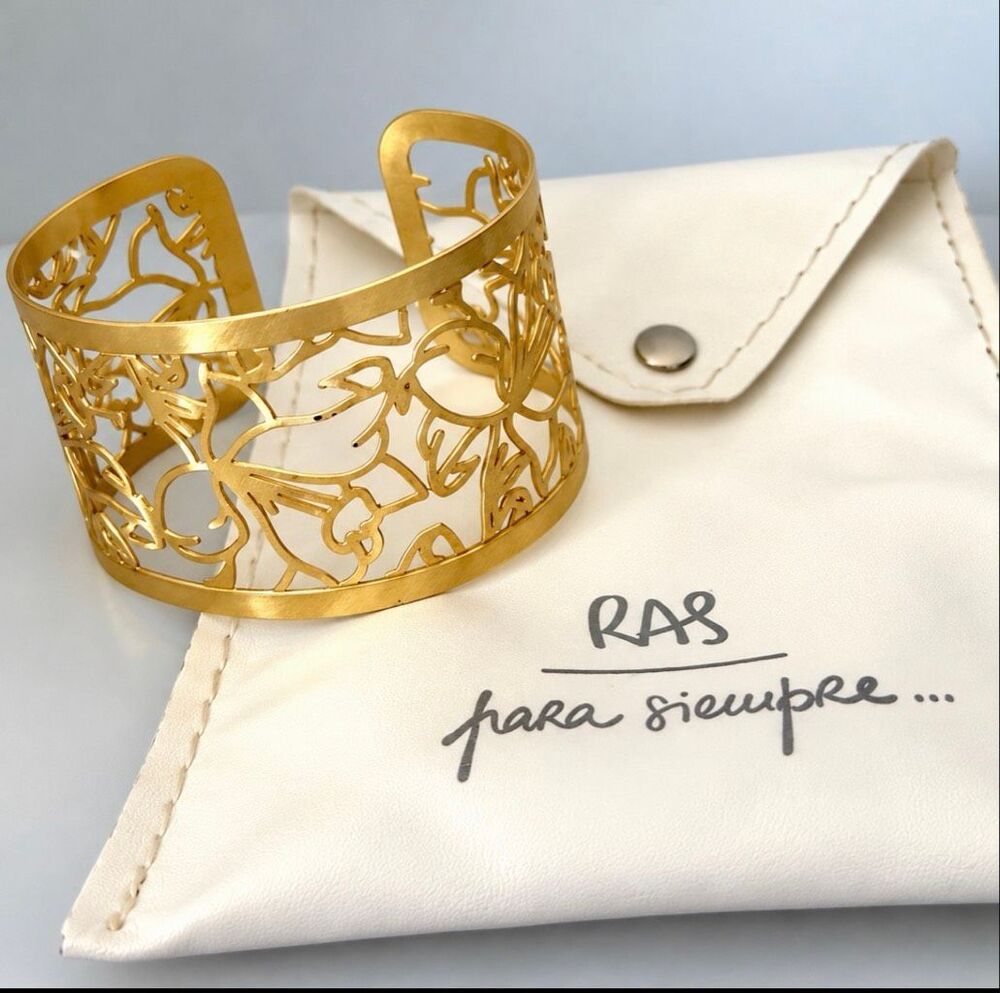 RAS Para Siempre Gold Tone Floral Openwork Wide Cuff Bracelet